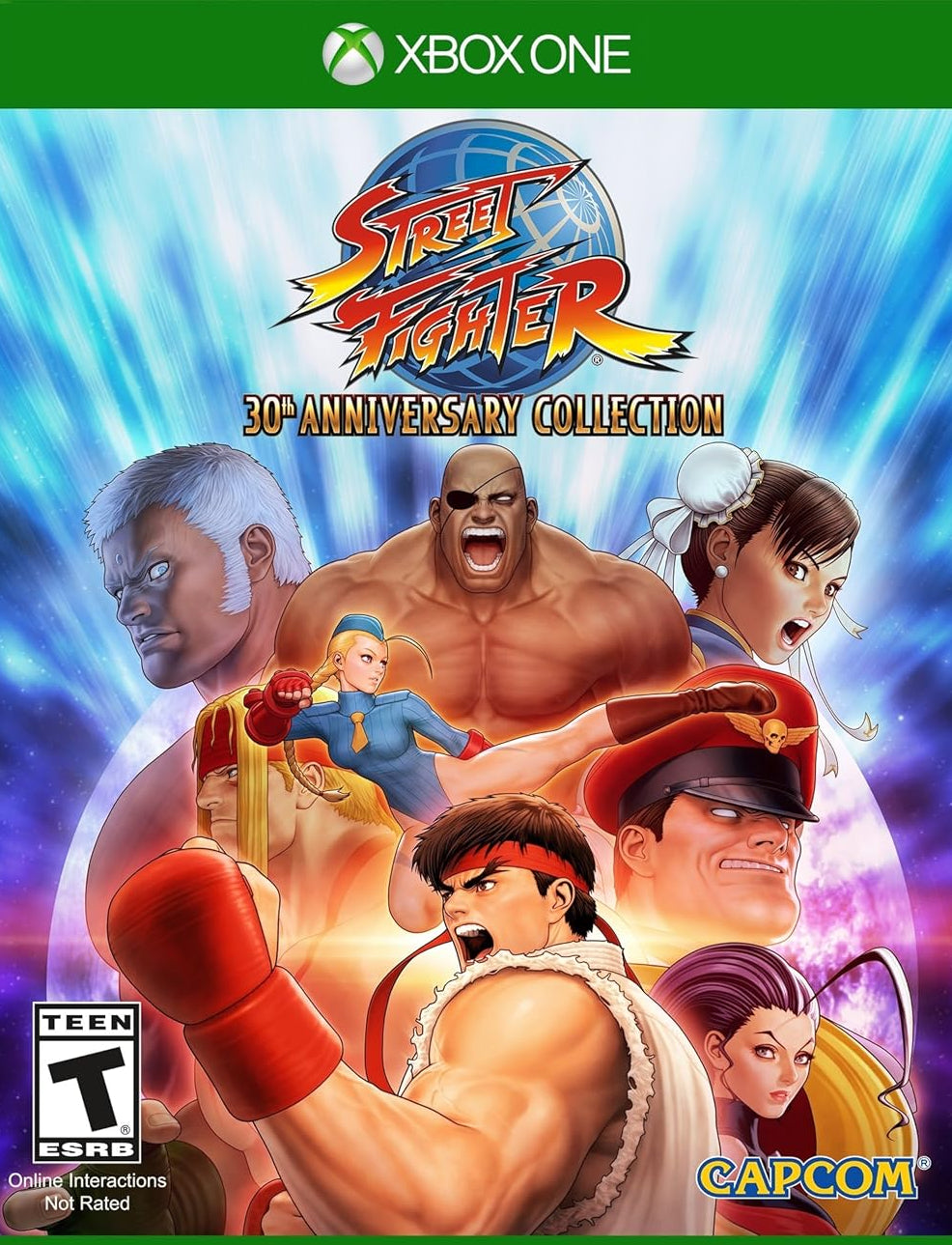 Street Fighter 30th Anniversary Collection game cover for Xbox One with character images and Capcom logo.