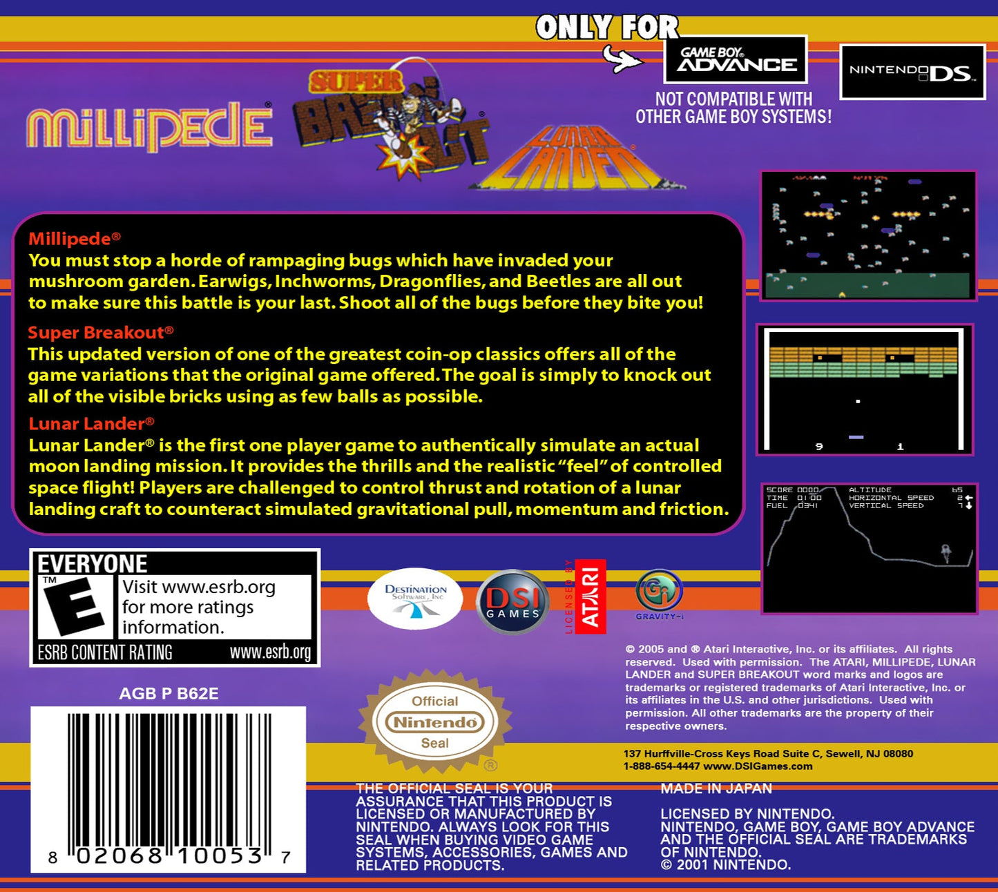 Millipede / Super Breakout / Lunar Lander GameBoy Advance