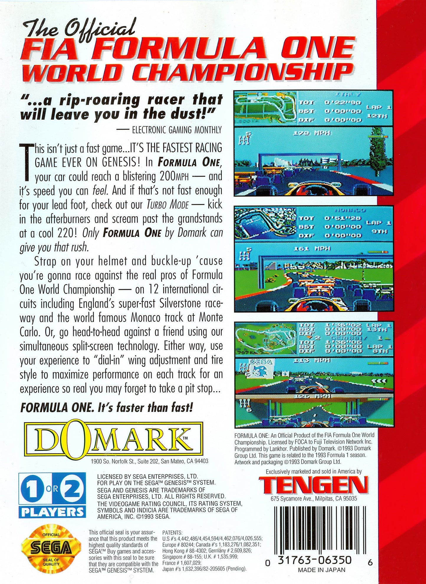 Formula One F1 Sega Genesis